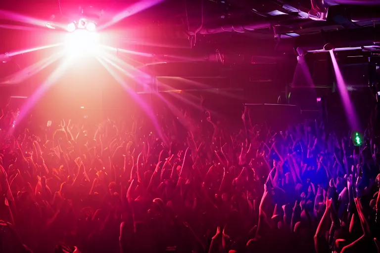 Image similar to dj on stage with raised hands, looking over crowd partying with their hands up at a club, volumetric lighting, haze, moving heads light beams, spot lights, disco ball, silhouette, digital art, trending on artstation, 4k, unreal engine, intricate, ornate