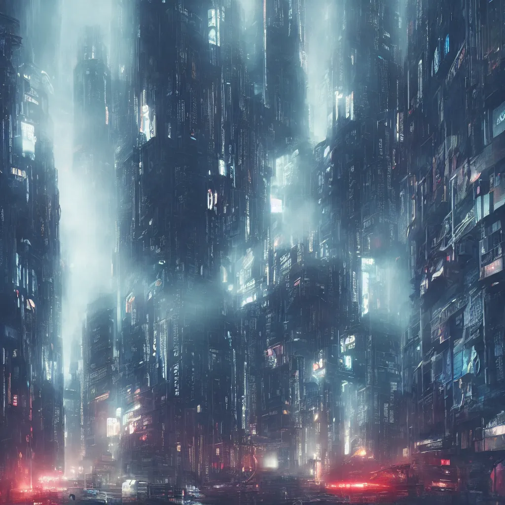 Image similar to cyberpunk Manchester, UK, cyberpunk, blade runner 2049 style, concept art, photorealistic, atmospheric, mist, moody, hero shot, futuristic