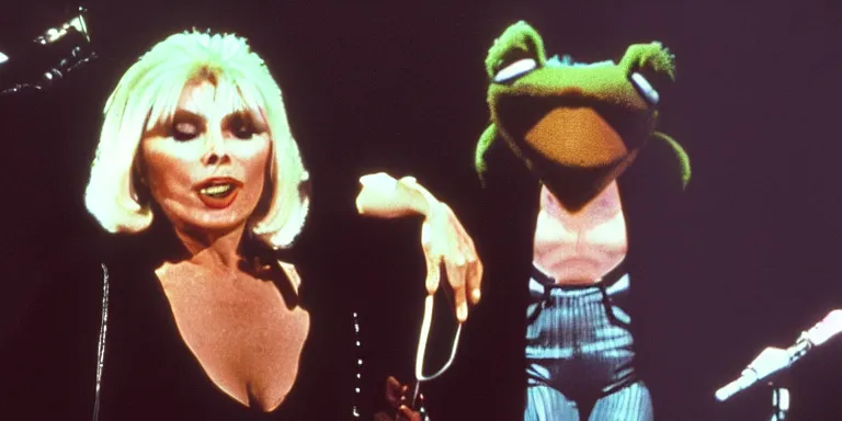 Image similar to Photorealistic Cinematography of Debbie Harry hosting The Muppet show in 1981