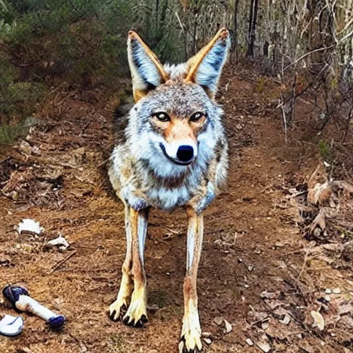 Prompt: trailcam footage of native weird distorted body Skinwalker transforming into a coyote