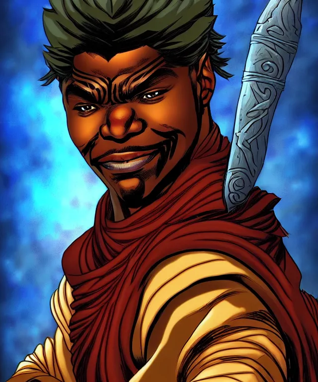 Prompt: a ( fantasy comic ) ( cover art ) portrait of ( keith david 1 9 8 8 ) as a warrior monk, digital illustration by ken taylor and sana takeda and kentaro miura, fine inking lines, vivid colors, dnd, photorealistic, hd, 4 k, trending on artstation