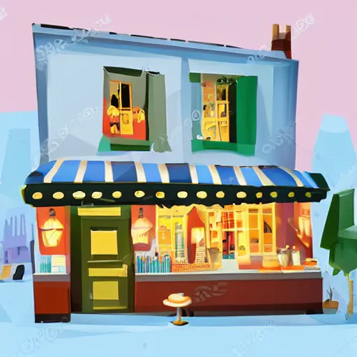 Prompt: beautiful cute cozy very little cafe on a cobblestone street, golden morning light, low poly, simple cartoon