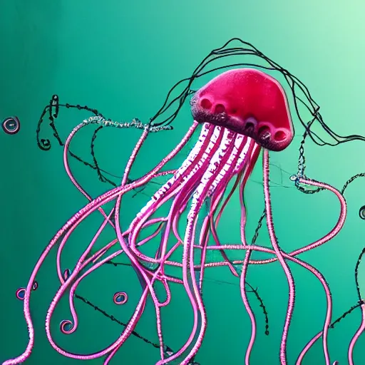 Prompt: jellyfish with barbed wire tentacles