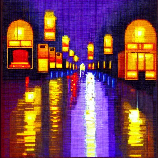 Prompt: pixelart rainy night in the city, reflections