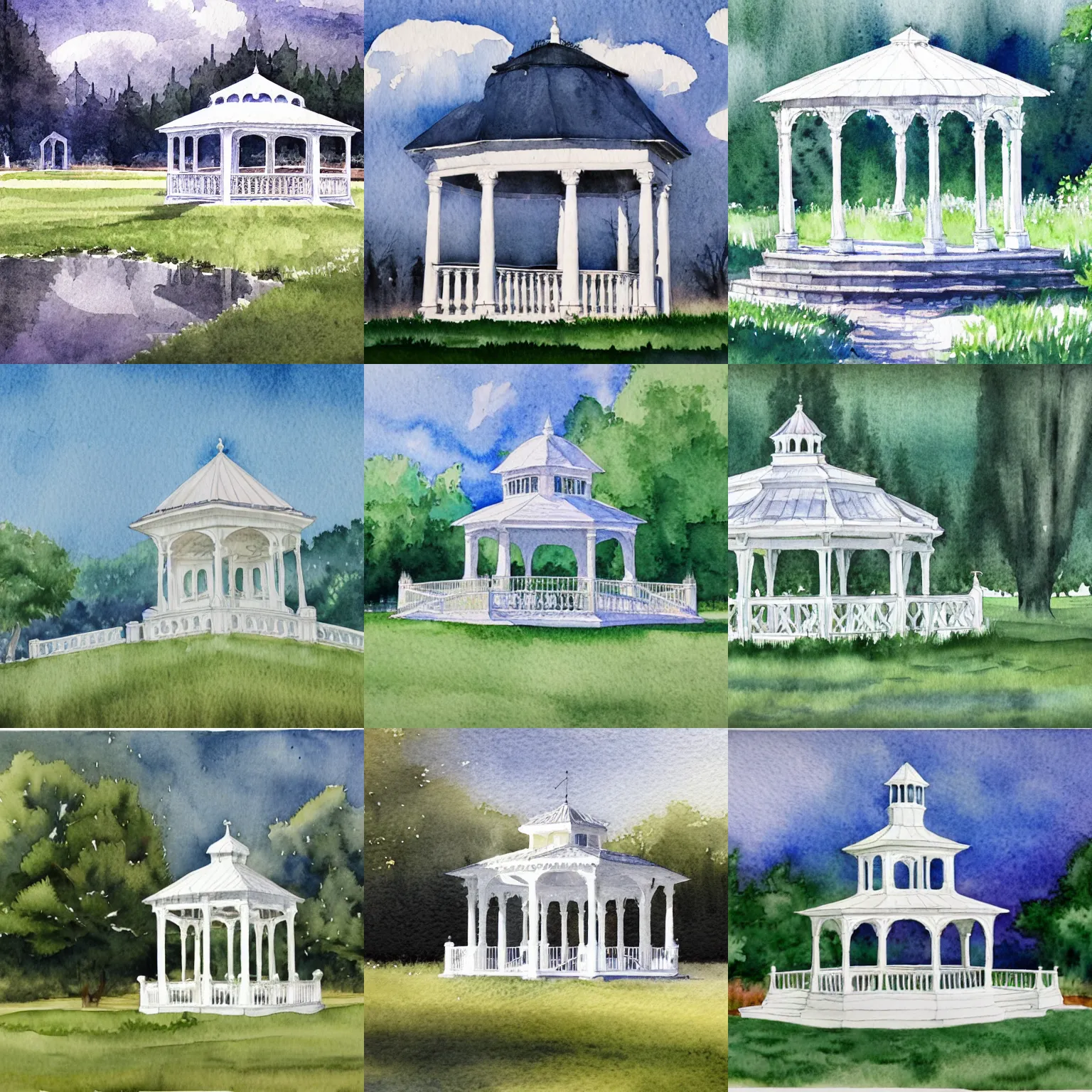 Prompt: white gazebo in the middle of a calm meadow, classical architecture, 8k HD detailed intricate watercolor painting