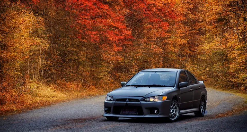 Prompt: a beutiful detailed matte painting of a mitsubishi lancer evolution driving through a dreamy autumn north eastern twist and turn back road