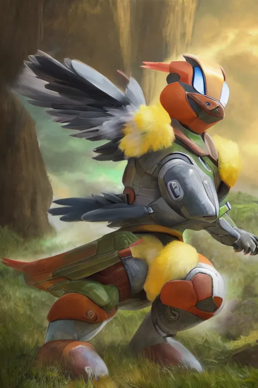 Image similar to pidgey pokemon playing as master chief, oil on canvas, intricate, 8 k highly professionally detailed, hdr, cgsociety