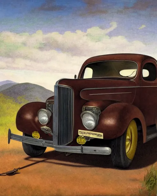 Image similar to medium shot portrait of a prohibition era moonshine runner with detailed features leaning against a 1940 ford coupe, dutch camera view, dirt, Appalachian mountains, sharp focus, illustration, highly detailed, oil painting, matte, art by Greg Rutkowski and Alphonse Mucha, masterpiece