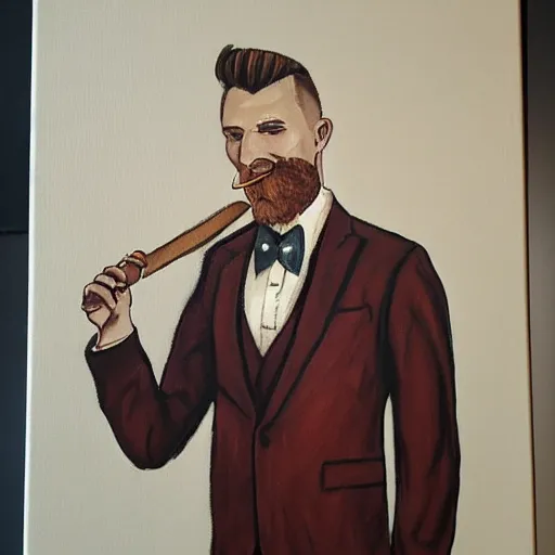 Image similar to a canvas painting of an irish man with a fade haircut, lighting a cigar, wearing a suit, bowtie, and ring, highly detailed, realistic