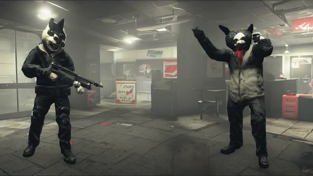 Image similar to Screenshot from the PC game Payday 2 demonstrating the fursuit unlock