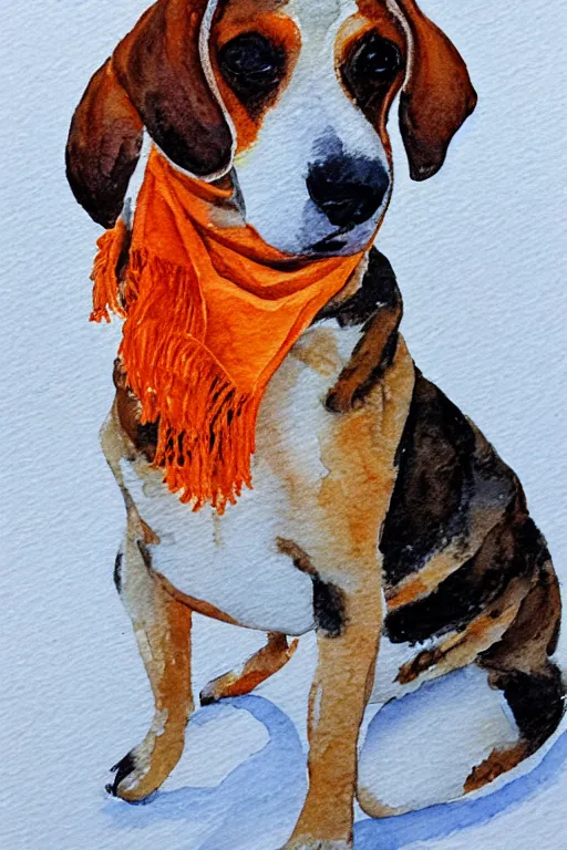 Image similar to beagle, in the snow, with an orange scarf, watercolor