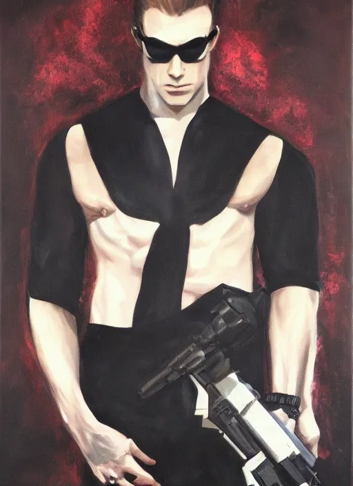 Image similar to Albert Wesker full body portrait, action! pose!, oil painting, surrounded by black tendrils