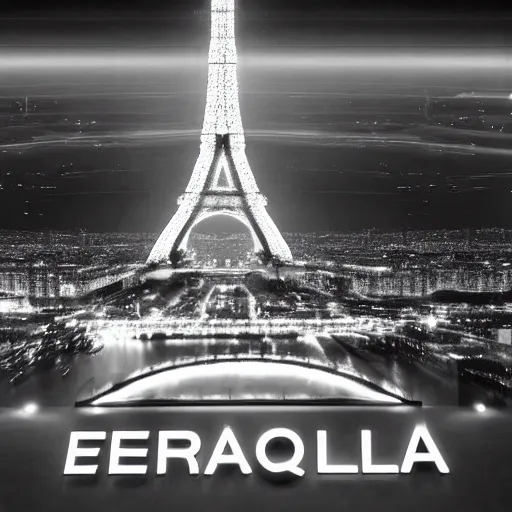 Image similar to A beautiful intricate 8K award-winning cinematic movie photograph of the future Eiffel Tower completely hidden by signs of corporate logos in the year 2043, by Bruno Delbonnel