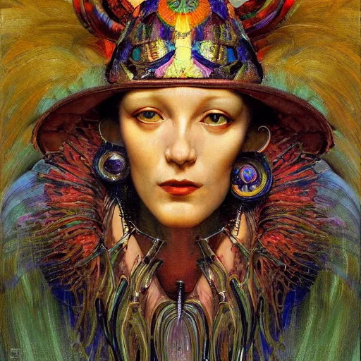 Image similar to baroque portrait of an art deco shaman, reflective detailed textures, highly detailed fantasy science fiction painting by annie swynnerton and jean delville and moebius, norman rockwell and syd mead. rich colors, high contrast. artstation