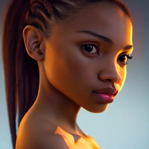 Image similar to a photorealistic hyperrealistic, bright brown eyes, light skinned african american young girl, ponytail hair, flawless face, beautiful lips, cute face, gorgeous white veil, by wlop, artgerm, greg rutwoski, alphonse mucha, beautiful dynamic dramatic low - light moody lighting, cinematic atmosphere, artstation, concept design art, octane render, 8 k