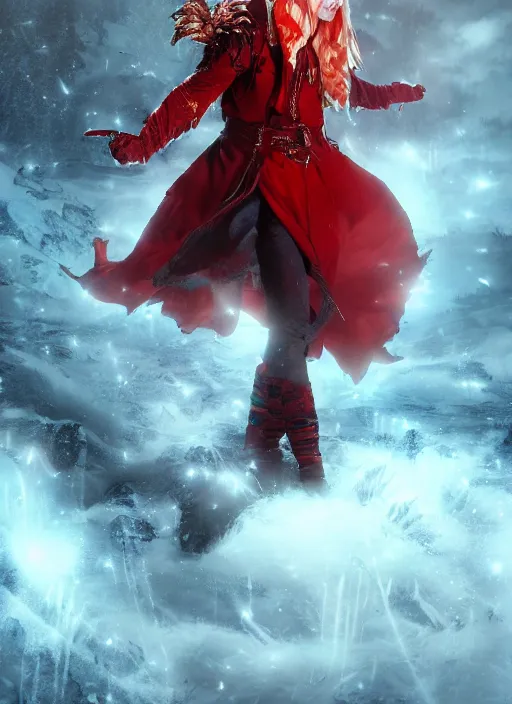 Image similar to An epic fantasy comic book style portrait painting of a young fairy boy with red wings, pointy red hair, white glowing eyes, smiling, red long hair red coat. Unreal 5, DAZ, hyperrealistic, octane render, cosplay, RPG portrait, dynamic lighting