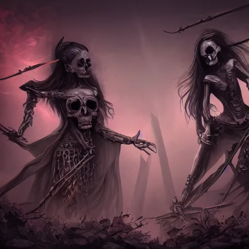 Image similar to a tarot card of a two female necromancers, raising skeletons, ominous nighttime storm, fantasy, d & d, intricate, elegant, highly detailed, digital painting, artstation, concept art, matte, sharp focus, illustration, art in the style of disney