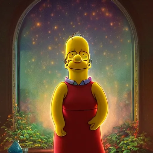 Prompt: ultra realistic illustration of magical homer simpson, forest, fantasy, colorful lights, intricate, elegant, highly detailed, digital painting, artstation, concept art, smooth, sharp focus, illustration, art by artgerm and greg rutkowski and alphonse mucha homer!!! simpson!!!