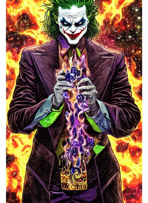 Image similar to high intricate colored ink drawing of the joker holding a glimmering fire - galaxy, full shot, neil gaiman, maria panfilova, andrea savchenko, mike kime, ludovic plouffe, qi sheng luo, oliver cook, julian calle, eddie mendoza, trending on artstation