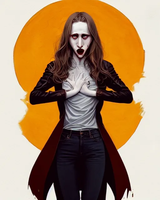 Image similar to in the style of Joshua Middleton and artgerm, beautiful evil vampire Taissa Farmiga sharp bloody vampire fangs open mouth, yellow eyes, symmetrical eyes, realistic face, symmetrical face, brown leather jacket, jeans, long black hair, full body, moody lighting