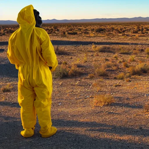 Prompt: A photo of a gorilla in a hazmat suit standing next to Walter White, New Mexico desert, cinematic lighting