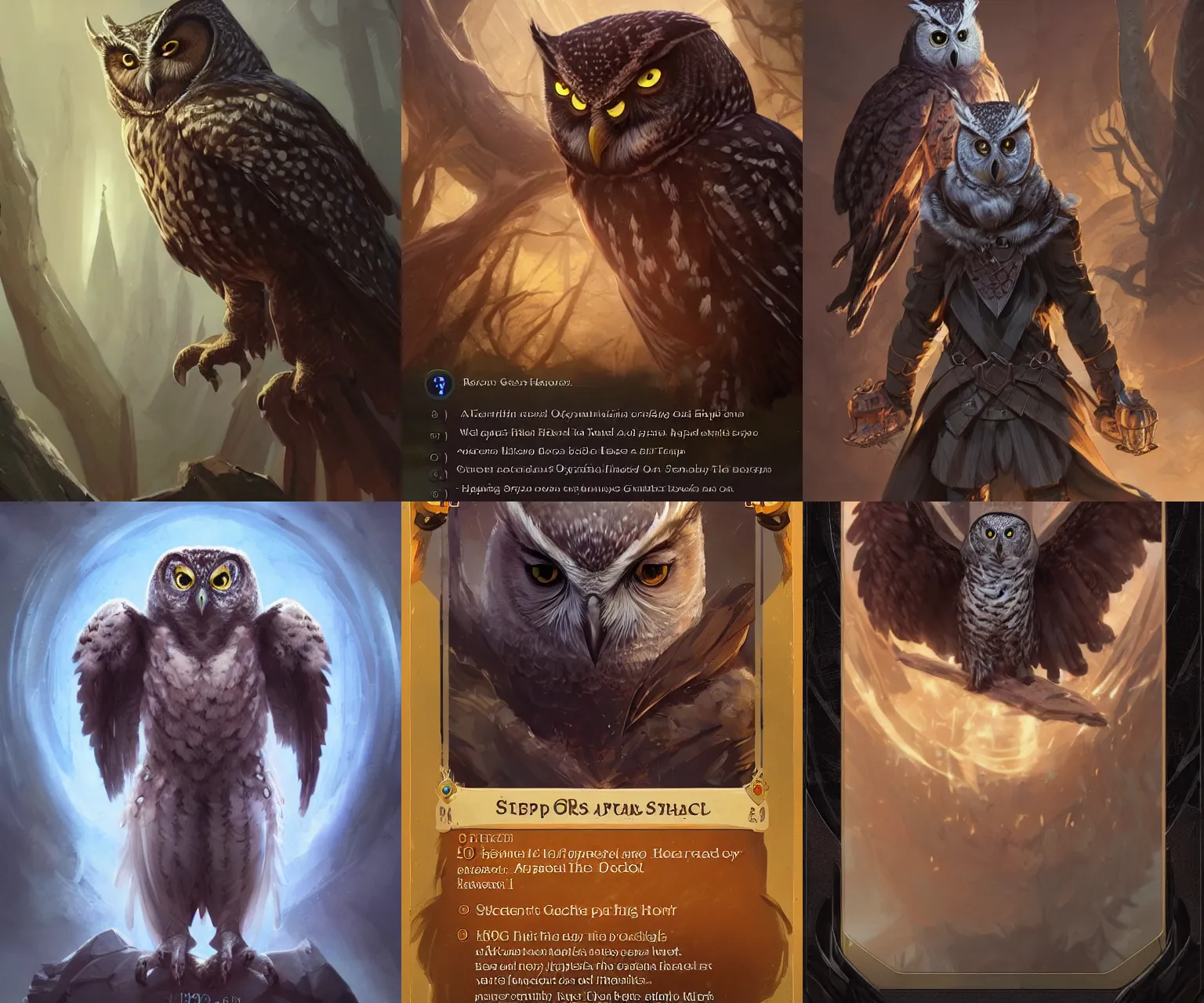 Prompt: Steps 100 a DnD character card of a powerful owl man who is headmaster of a magic school, one of his eyes is scratched, hyperdetailed concept art by Ross Tran and Greg Rutkowski, high quality DnD illustration, trending on ArtStationHQ, 8k