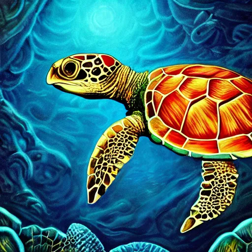 Image similar to sea turtle with intricate patterned luminescent shell in the style of android jones detailed 4 k painting