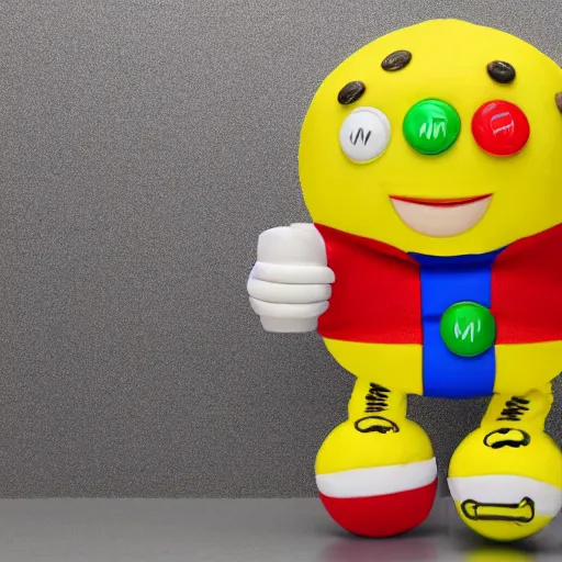 Image similar to a single yellow m & m candy with white arms and legs holding a microphone, a yellow sphere wearing a white baseball cap, eminem as a m & m candy standing on a floor covered with m & m candies, m & m candy dispenser, m & m plush!!!, unreal engine, studio lighting, unreal engine, volumetric lighting, artstation