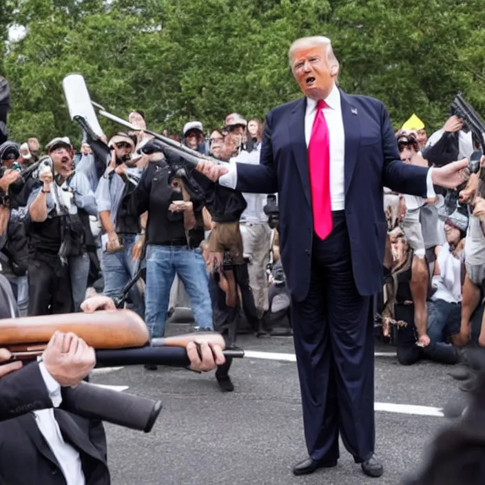 Prompt: a photo of donald trump with a shotgun in a protest