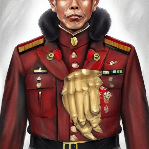 Prompt: tall thin asian man in a red military uniform, golden eyes, dark red military jacket, brown pocketed pants, flame insignia patches, medium length hair, stalin style hat, full body portrait, trending on artstation, detailed art, wlop, great drawing