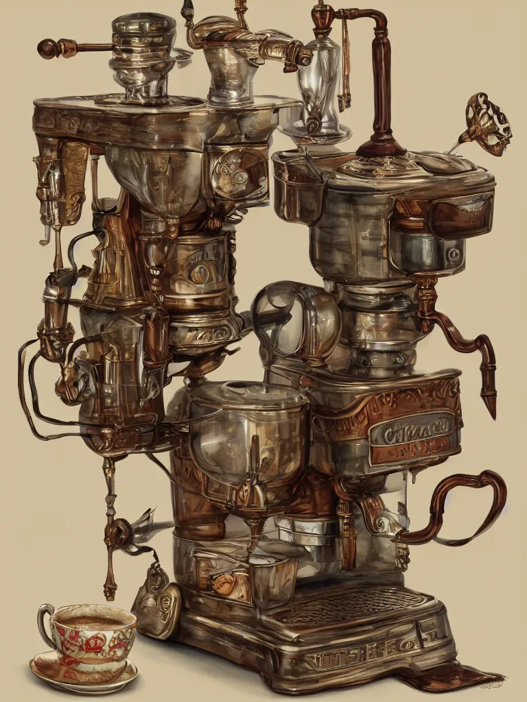 Prompt: product photography of an ancient coffee machine, by Simon Stalenhaag, by Yoshita Amano, by Esao Andrews, sharp focus, fresh colors, conceptart, trending on artstation