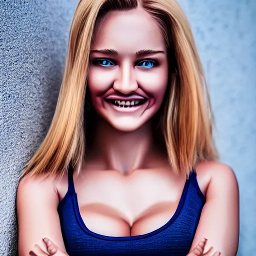 Image similar to full figure photo, cute nice beautiful young lady, cute smile, athletic body, six pack, highly detailed face and eyes, blonde, blue eyes, volumetric lighting, 8 k, art photography, sport photography, intricate detailing, award winning, textured skin, symmetric face, hyper realistic