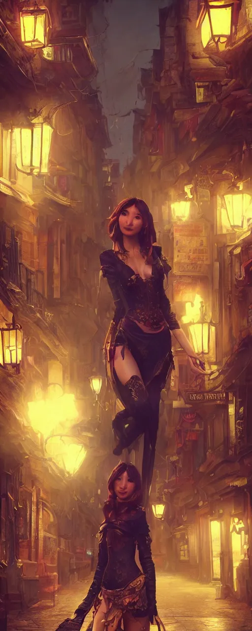 Image similar to portrait of tavern bard gemma chan infront of tiny, narrow dark streets with exotic dancers, exterior, two stories, vaporwave aesthetics, 8 k uhd, unreal engine, octane render in the artstyle of finnian macmanus, john park and greg rutkowski