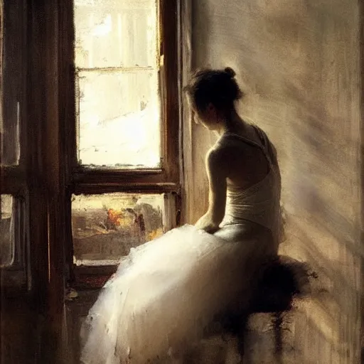 Image similar to the lone ballerina in the soft window light, by jeremy mann, anders zorn.