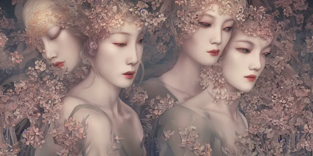 Image similar to breathtaking detailed concept art painting art deco pattern of blonde faces goddesses amalgamation flowers, by hsiao - ron cheng, bizarre compositions, exquisite detail, extremely moody lighting, 8 k