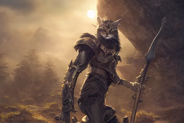 Image similar to cool looking anthrophomorphic cat in armor, sheathed weapon, fantasy, unreal engine, realistic, golden hour, professional photography, mild depth of field, cinematic lighting, 8 k