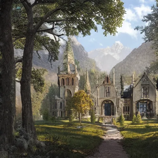 Prompt: a gothic mansion in the woods with mountains in the back, a trail leads to the doors. amy weber, andi rusu, Dan Frazier, matte painting