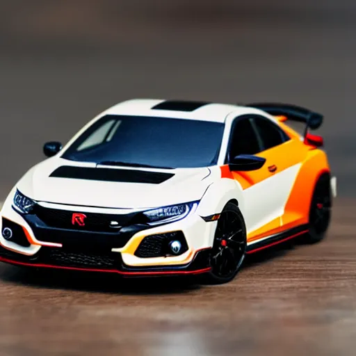 Image similar to civic type r fk 8 as a toy car on a wooden desk, focus shot, 1 0 5 mm, photo realistic