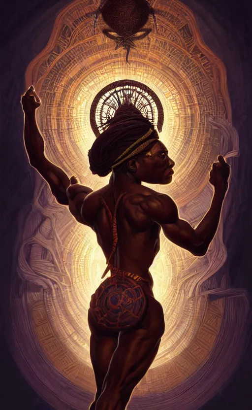 Image similar to the god anansi, african mythology, intricate, upper body, highly detailed, digital painting, artstation, concept art, sharp focus, cinematic lighting, illustration, art by artgerm and greg rutkowski, alphonse mucha, cgsociety