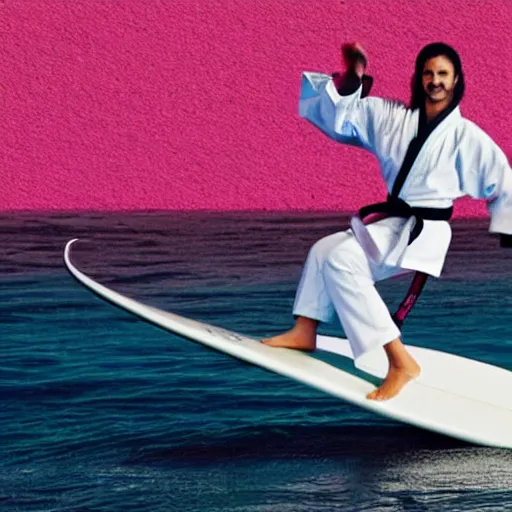 Prompt: a karate person in a karate outfit surfing on a pink ball of fur