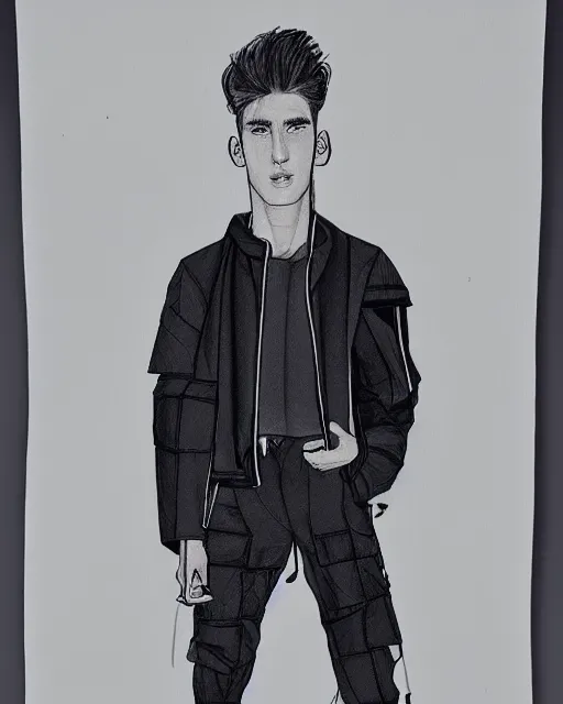 Prompt: rough marker sketch of a male model wearing a cropped baggy menswear moto jacket by issey miyake, 4 k, astonishing detail, studio lighting, wide angle lens