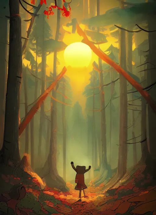 Image similar to Russian bootleg gravity falls poster, dramatic theming, mood lighting, unfortunate, hand painted cartoon art style, brutal, autumn, golden sunset, nostalgia, scenic, with text, 8k, award winning