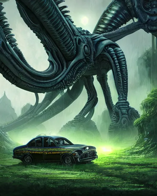 Image similar to xenomorph taxi car in a fantasy village, calming, uplifting mood, ultra realistic, farm, small buildings, alien car, highly detailed, atmosphere, masterpiece, epic lighting, elves, green plants, magic, illuminated, 4 k, cinematic, morning sun, art by eddie mendoza, sylvain sarrailh