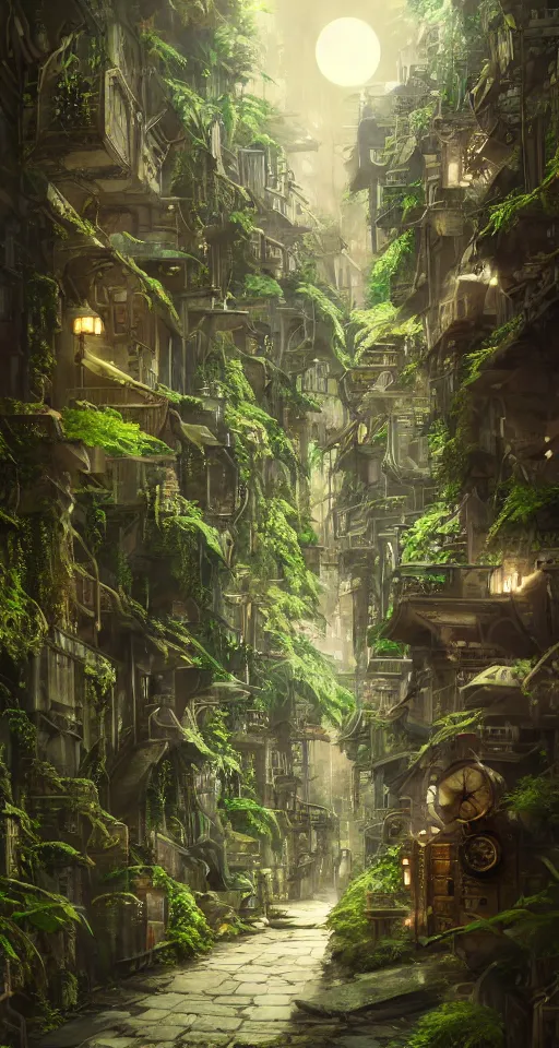 Image similar to Architectural section, movie concept art, steampunk style, Miyazaki tekkonkintreet Teikoku Shounen style, amazing + fantasy Traditional Japanese alley lane on full moon, lush vegetation and ferns, sun rays, octane render, trending on artstation, hyper detailed, cinematic