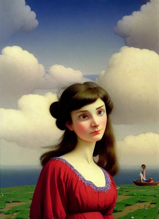 Image similar to hyper detailed 3 d render like a oil painting - cute portrait of a brunette called emma, italian looks, looking at camera, symmetrical face, long brunette hair, with a smiling cow looking over her shoulder by ryden, kawase hasui, dorothea tanning, edward hopper and james gilleard, aivazovsky, beksinski, outram, artstation