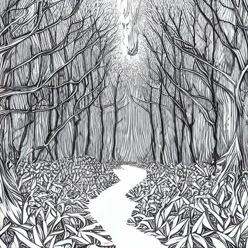 Prompt: bright forest illustration, 4k detailed, black ink on white paper, dark fantasy, white space in middle