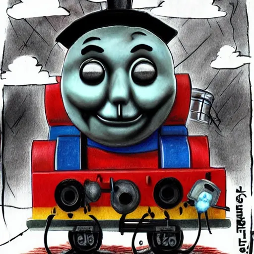 Prompt: creepy thomas the tank engine in zombie inspired art