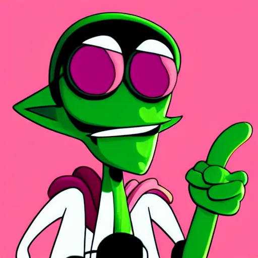 Prompt: An evil Marvin the Martian a giant pink basketball as a mad scientist wearing a lab coat, big glasses, smug grin expression. big pink flower petals, green plant-like skin. Comic book supervillain art, ultra HD high detail sharp detail character design high-quality digital art trending on artstation