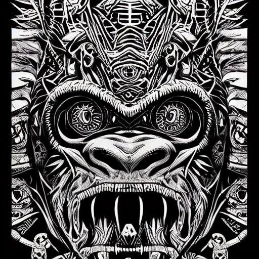 Image similar to barong family member, wiwek, mara demon, one single tribe member, jungle, one single mask, dark, ancient warrior, gorilla, lizard, tribal, black and white, red eyes, art by dan mumford