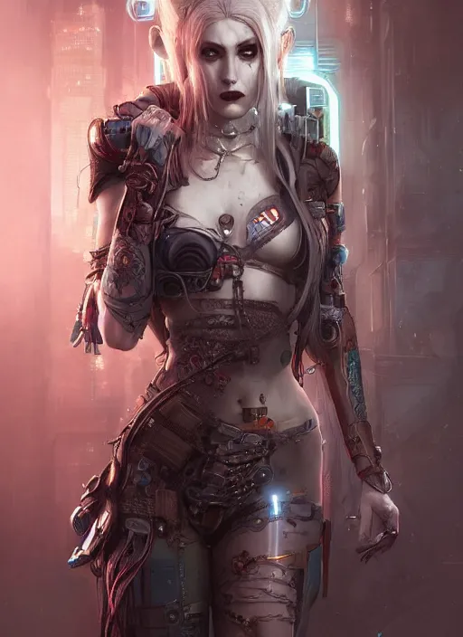 Image similar to a beautiful illustration of cyberpunk elven harley quinn, intricate, sharp focus, illustration, highly detailed, digital painting, concept art, matte, art by wlop and artgerm and greg rutkowski and alphonse mucha, masterpiece